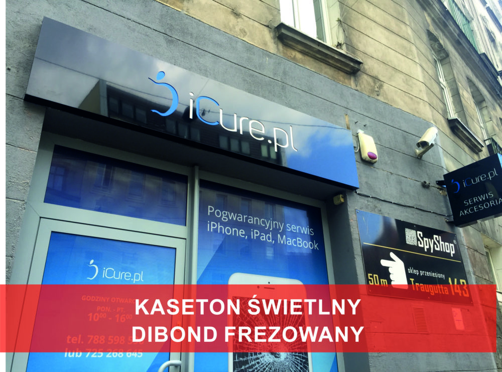 Witryna sklepowa i umieszczony nad nią kaseton z reklamą serwisu telefonów